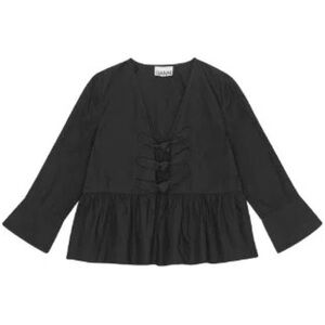 Ganni Black Cotton Poplin Tie String Peplum Blouse